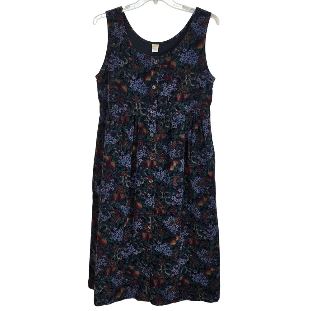 Vintage L.L. Bean Corduroy Dress 12 P Floral Fruit Button Front Midi Pockets